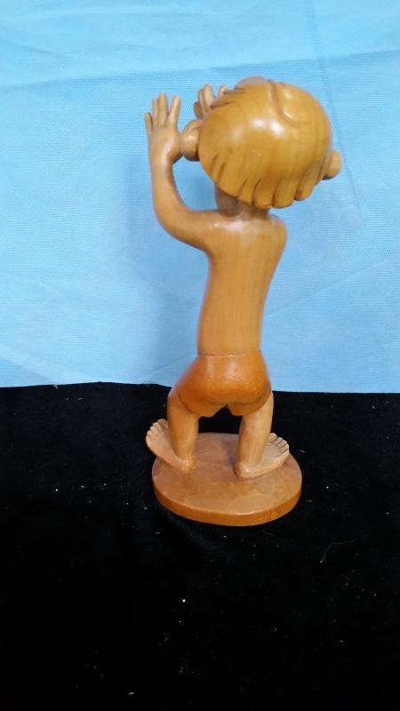Anri Boy Both Hands on Nose Hand Carved wood 9.5