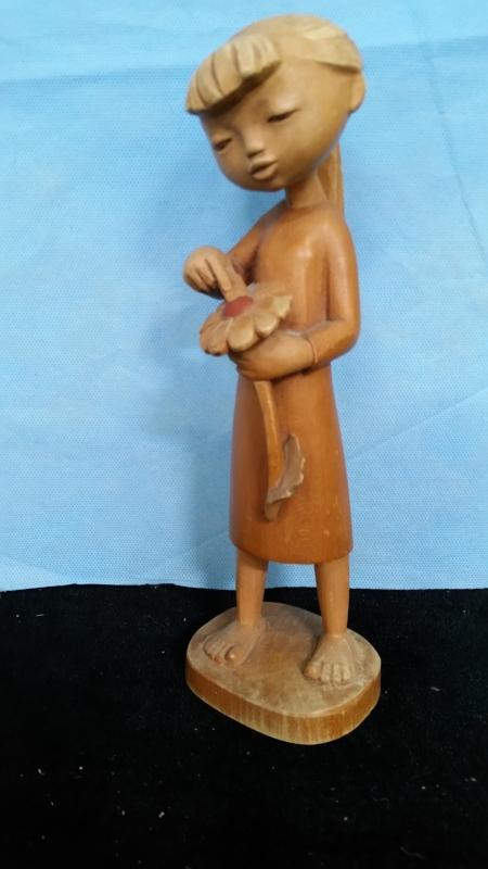 Anri 9.5 Inch Girl with Flower Hand Carved Wood