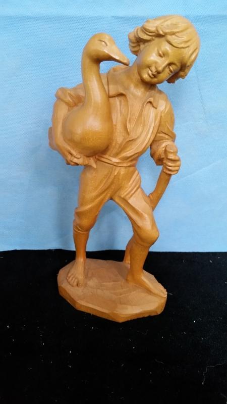 Anri 9.5 Inch Boy Holding Duck Hand Carved Vintage