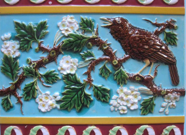 Large Antique English Majolica Bird Tile - Campbell Brick & Tile