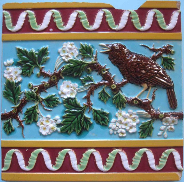 Large Antique English Majolica Bird Tile - Campbell Brick & Tile