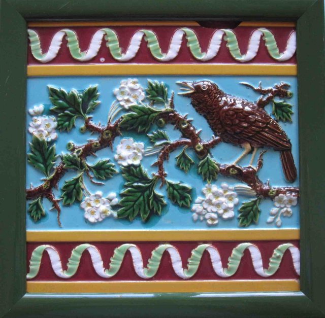 Large Antique English Majolica Bird Tile - Campbell Brick & Tile