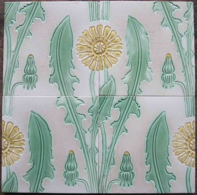 Panel of 4 Antique German Jugendstil/Nouveau Tiles - Meissen Dandelions
