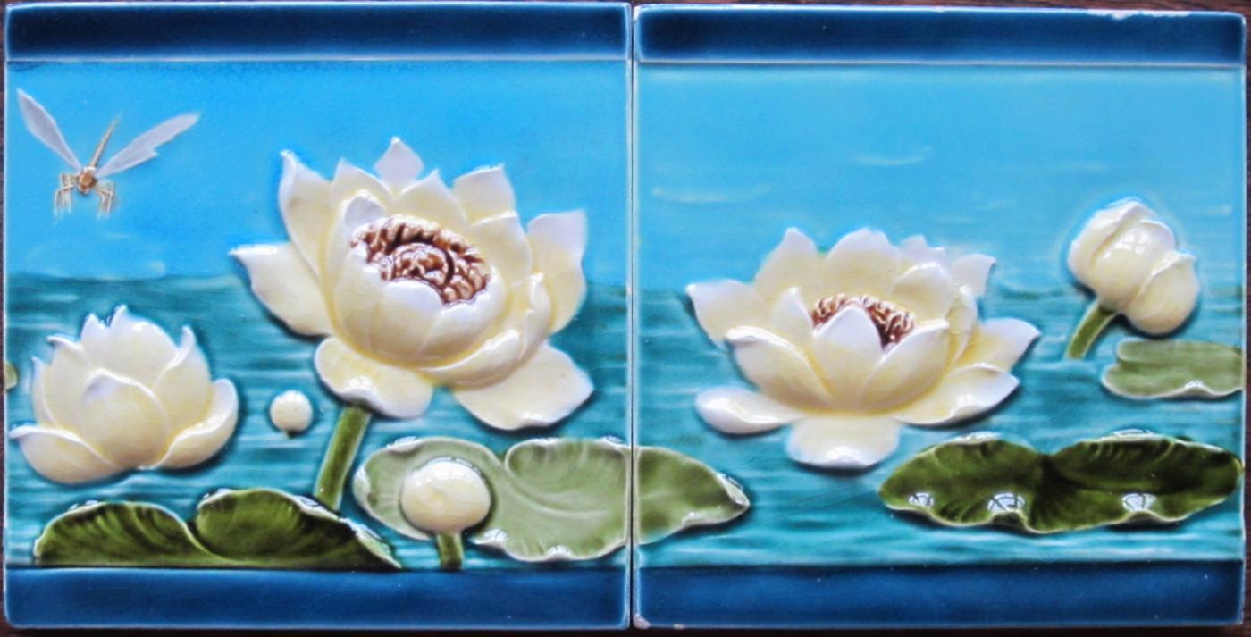 Pair of Antique French Art Nouveau Tiles - Sarreguemines