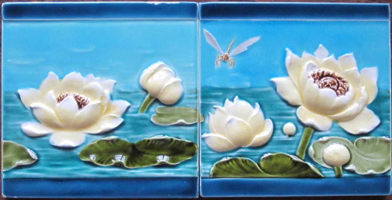 Pair of Antique French Art Nouveau Tiles - Sarreguemines