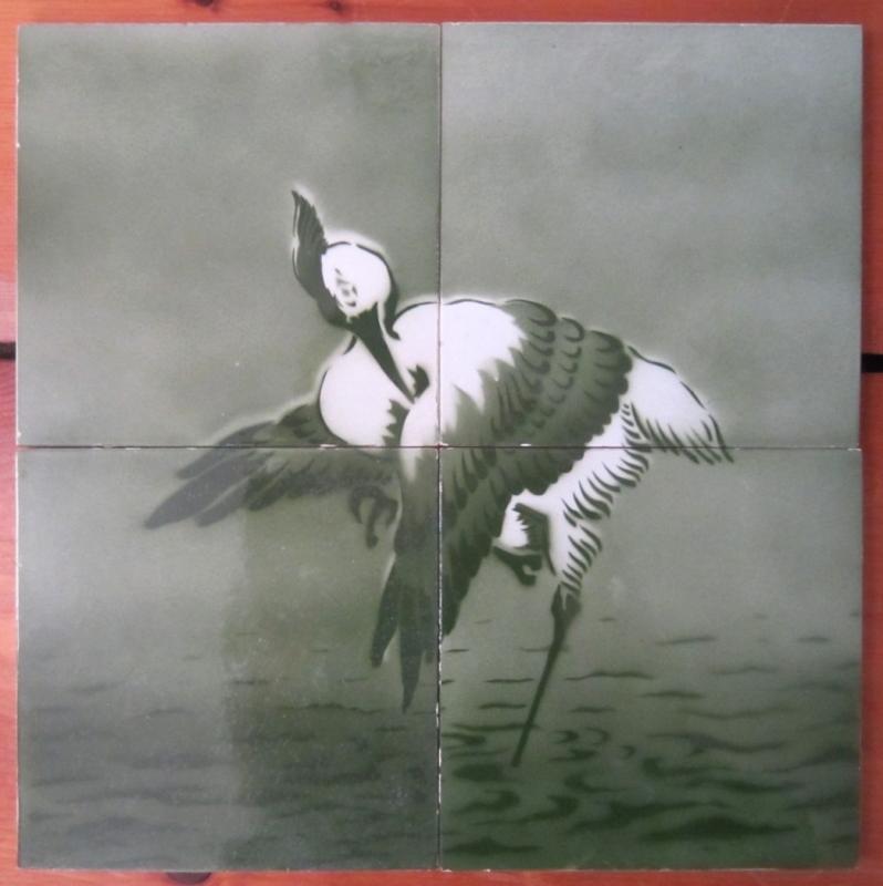 Antique Art Nouveau 4 Tile Panel of Cranes - Boch Freres
