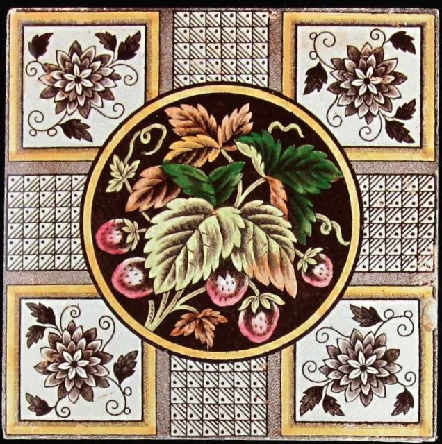 Antique English Transfer Floral Tile - Strawberries