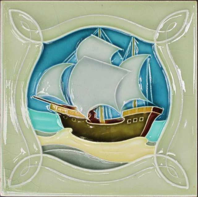 Antique German Jugendstil/Nouveau Ship Tile