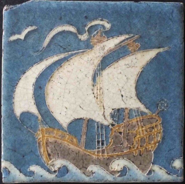 Grueby Faience Antique Ship Wall Tile