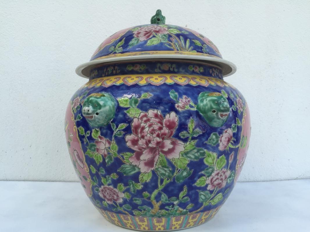 BLUE GIANT 6.9kg KAMCHENG RARE BLUE & PINK Nyonya Ware Covered Jar Porcelain Pot