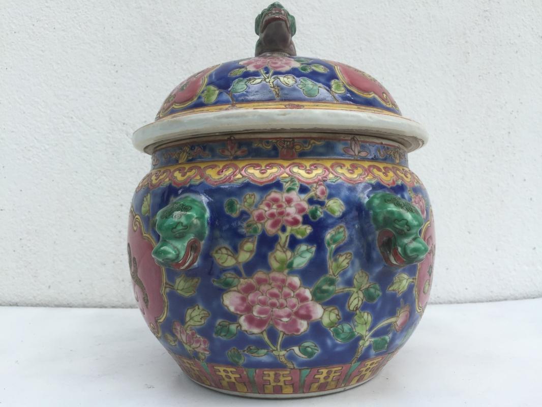 BLUE Kamcheng & Gold Fish 230mm COVERED JAR Box Kam Cheng Kitchen Chinese Container Bowl