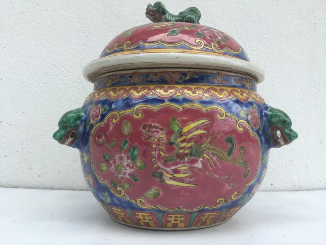 BLUE Kamcheng & Gold Fish 230mm COVERED JAR Box Kam Cheng Kitchen Chinese Container Bowl
