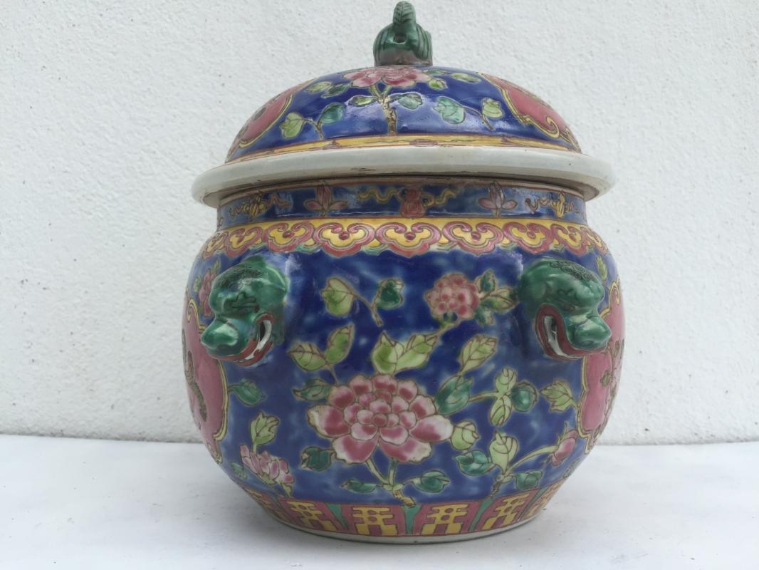 BLUE Kamcheng & Gold Fish 230mm COVERED JAR Box Kam Cheng Kitchen Chinese Container Bowl
