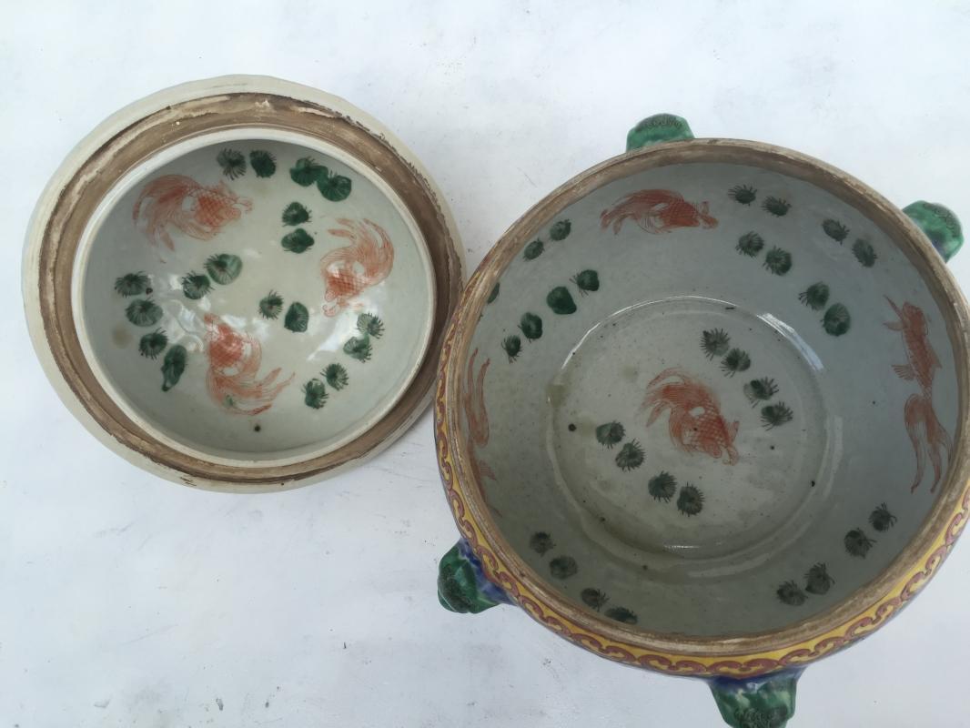 BLUE Kamcheng & Gold Fish 230mm COVERED JAR Box Kam Cheng Kitchen Chinese Container Bowl