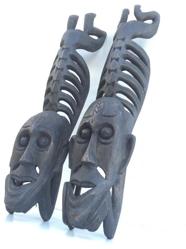 TWO LETI STATUE Wooden Sculpture Figure Icon Image Skull Skeleton Interior Home