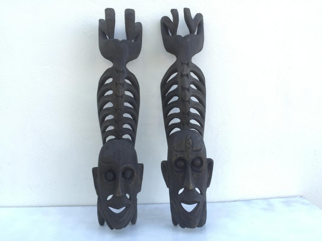 TWO LETI STATUE Wooden Sculpture Figure Icon Image Skull Skeleton Interior Home
