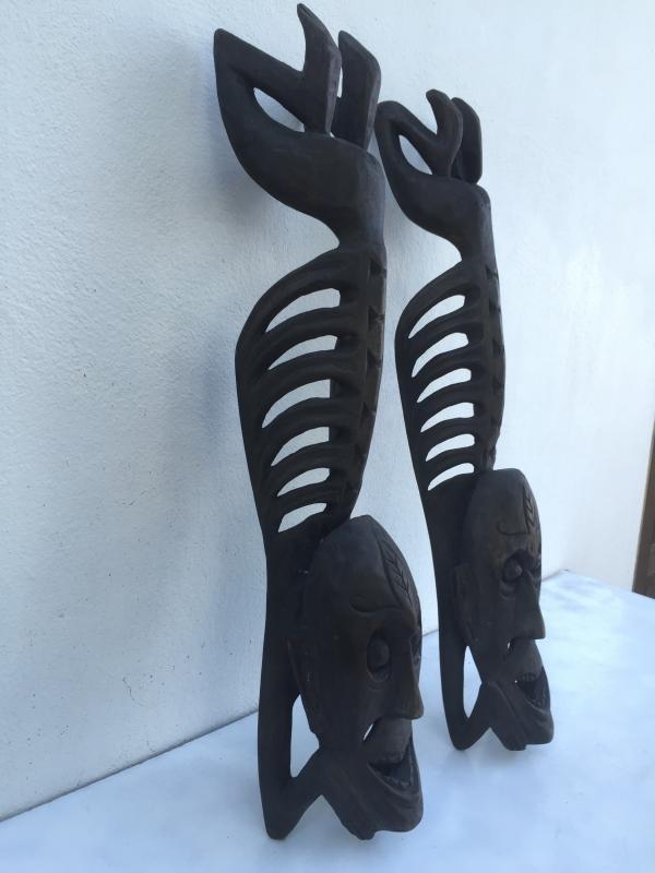 TWO LETI STATUE Wooden Sculpture Figure Icon Image Skull Skeleton Interior Home