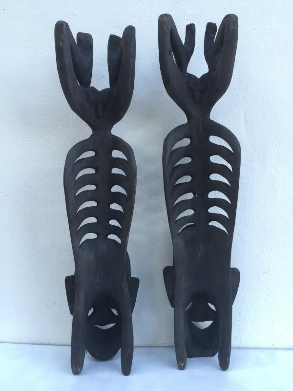 TWO LETI STATUE Wooden Sculpture Figure Icon Image Skull Skeleton Interior Home