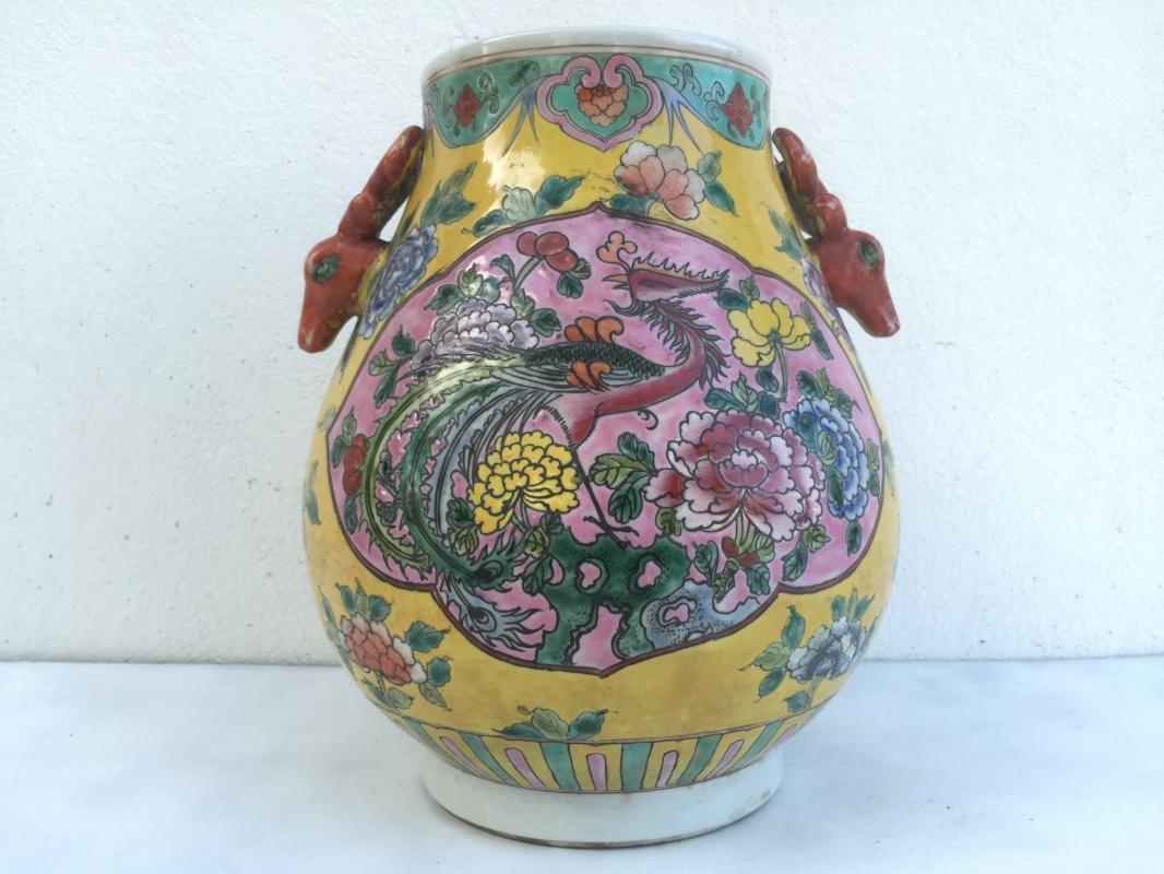EGG SHAPE JAR 280mm VASE Phoenix & Peonies Flower Pot Pottery Nonya Nyonya Urn