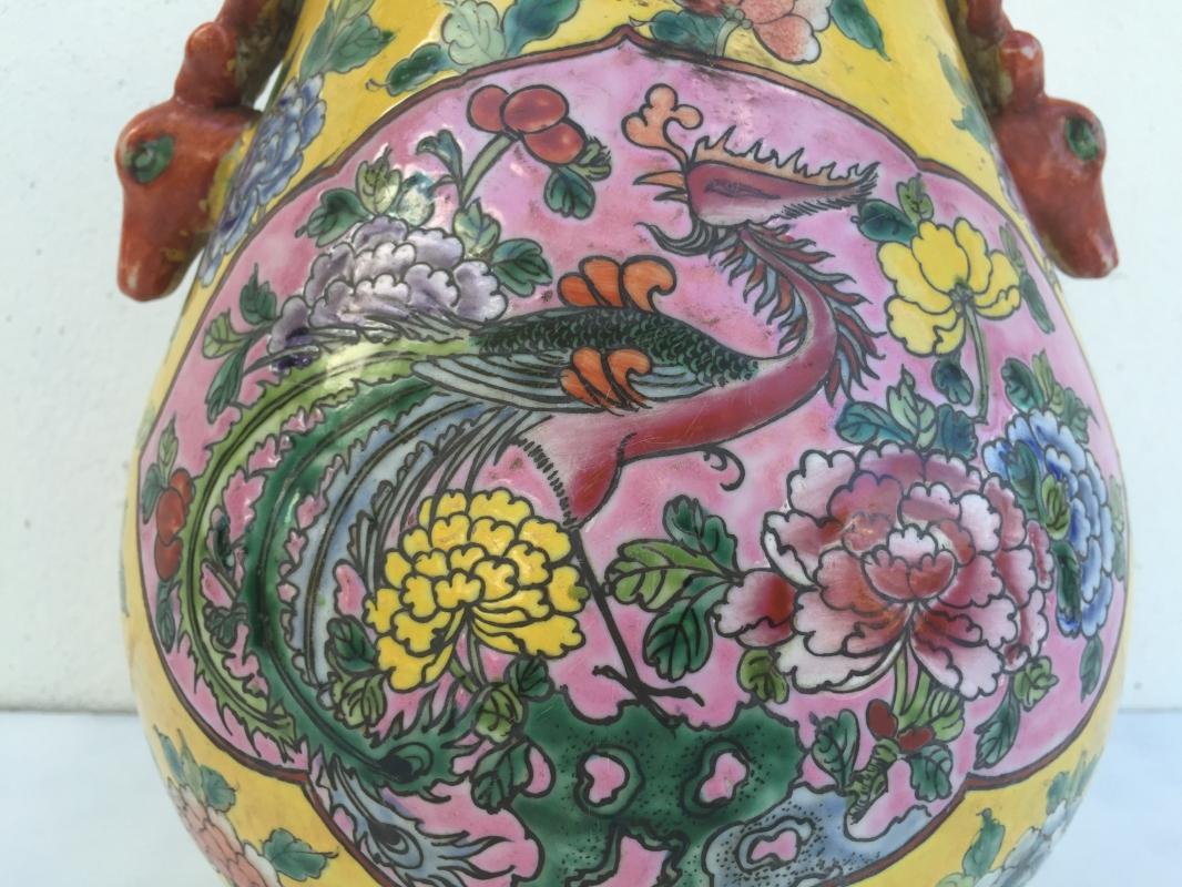 EGG SHAPE JAR 280mm VASE Phoenix & Peonies Flower Pot Pottery Nonya Nyonya Urn