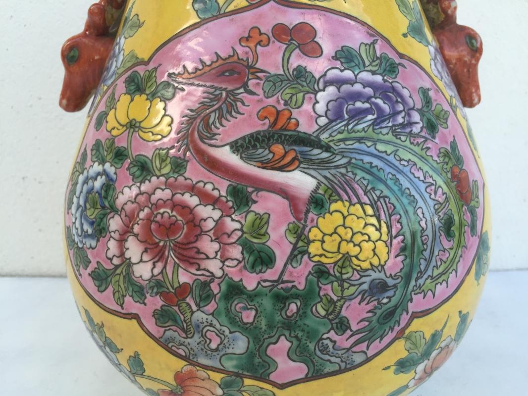EGG SHAPE JAR 280mm VASE Phoenix & Peonies Flower Pot Pottery Nonya Nyonya Urn