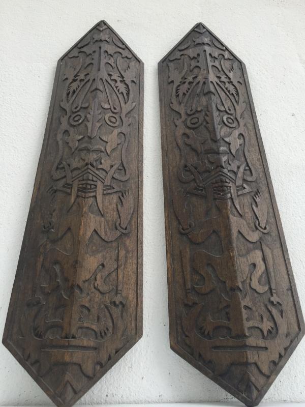 TRIBAL PANEL x 2 OLD 3-Dimentional Sculpture Shield Anthropomorphic Figure Asian