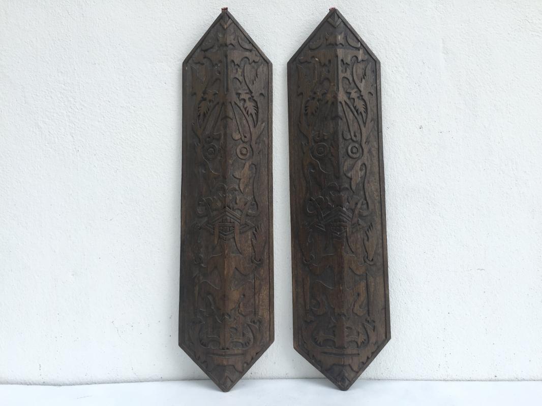 TRIBAL PANEL x 2 OLD 3-Dimentional Sculpture Shield Anthropomorphic Figure Asian