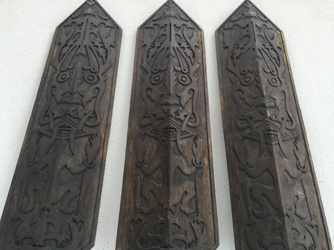 TRIBAL PAINTING x 3 OLD WALL PANEL Shield Figure Statue Dayak Dyak Native Asia