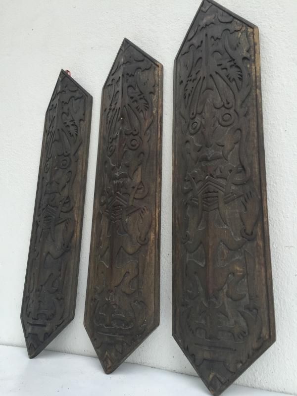 TRIBAL PAINTING x 3 OLD WALL PANEL Shield Figure Statue Dayak Dyak Native Asia