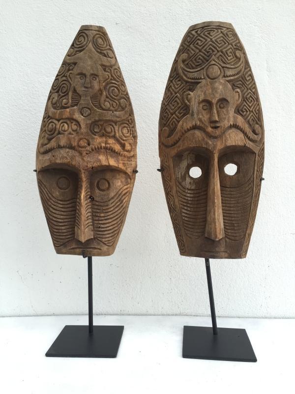 (ONE PAIR) HUSBAND & WIFE MASK Nias Indonesia Artifact Sculpture Figure Statue