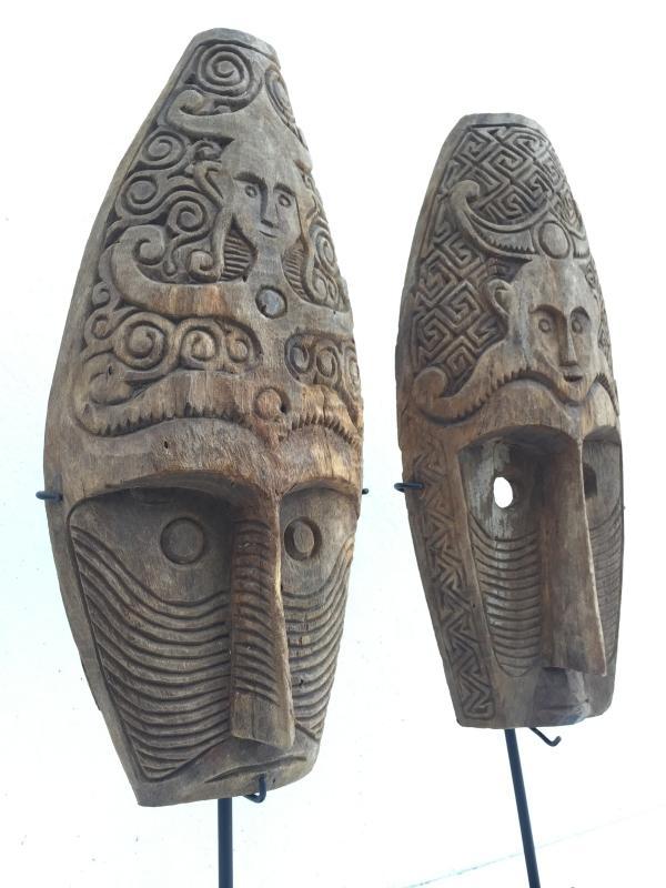 (ONE PAIR) HUSBAND & WIFE MASK Nias Indonesia Artifact Sculpture Figure Statue