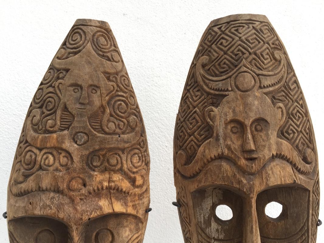 (ONE PAIR) HUSBAND & WIFE MASK Nias Indonesia Artifact Sculpture Figure Statue