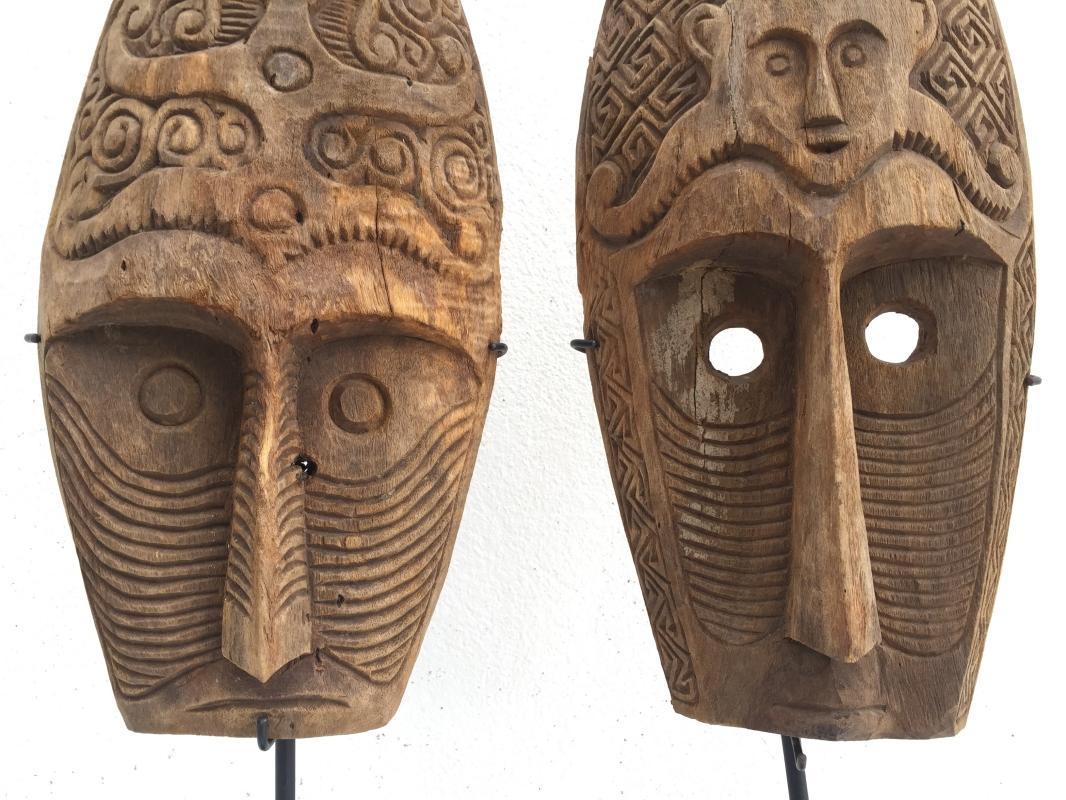 (ONE PAIR) HUSBAND & WIFE MASK Nias Indonesia Artifact Sculpture Figure Statue