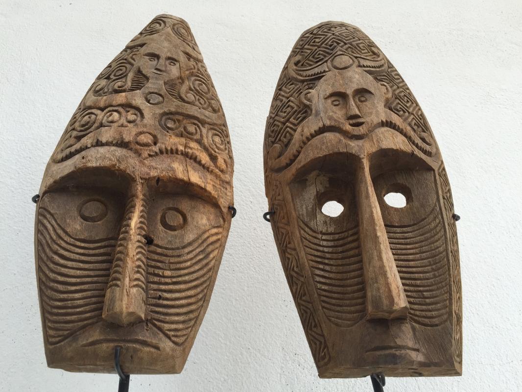 (ONE PAIR) HUSBAND & WIFE MASK Nias Indonesia Artifact Sculpture Figure Statue