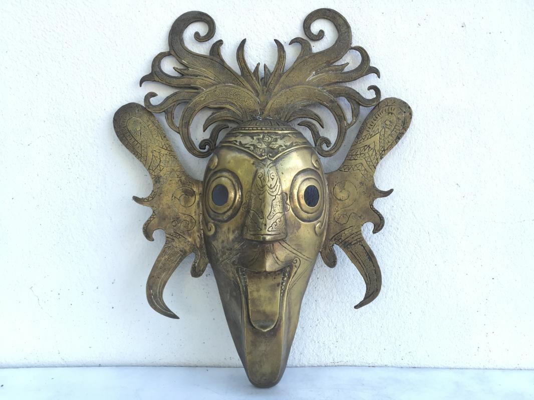 BATAK KARO MASK 420x350mm Brass Bronze Cast Facial Sculpture Statue Shiny Gold