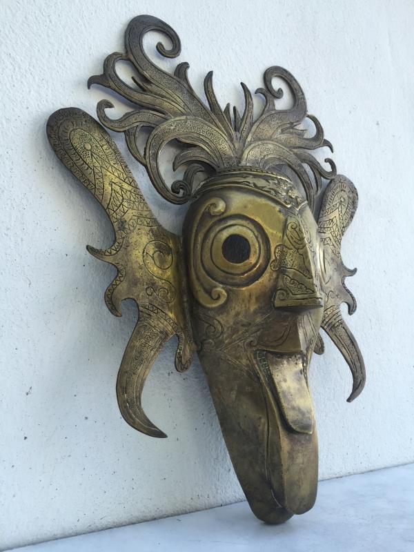 BATAK KARO MASK 420x350mm Brass Bronze Cast Facial Sculpture Statue Shiny Gold