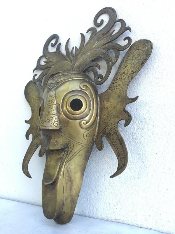 BATAK KARO MASK 420x350mm Brass Bronze Cast Facial Sculpture Statue Shiny Gold