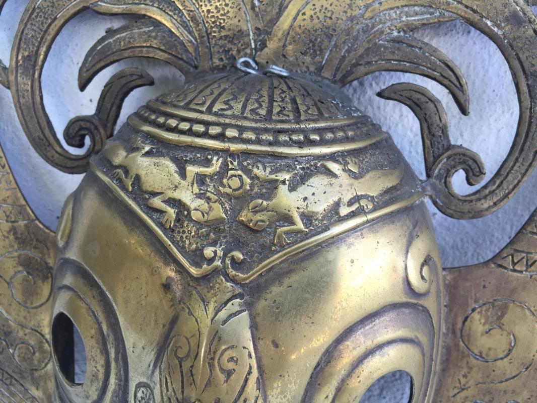 BATAK KARO MASK 420x350mm Brass Bronze Cast Facial Sculpture Statue Shiny Gold