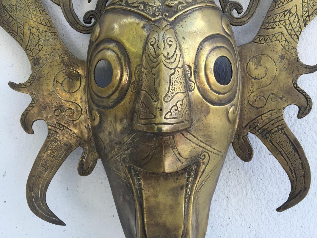 BATAK KARO MASK 420x350mm Brass Bronze Cast Facial Sculpture Statue Shiny Gold