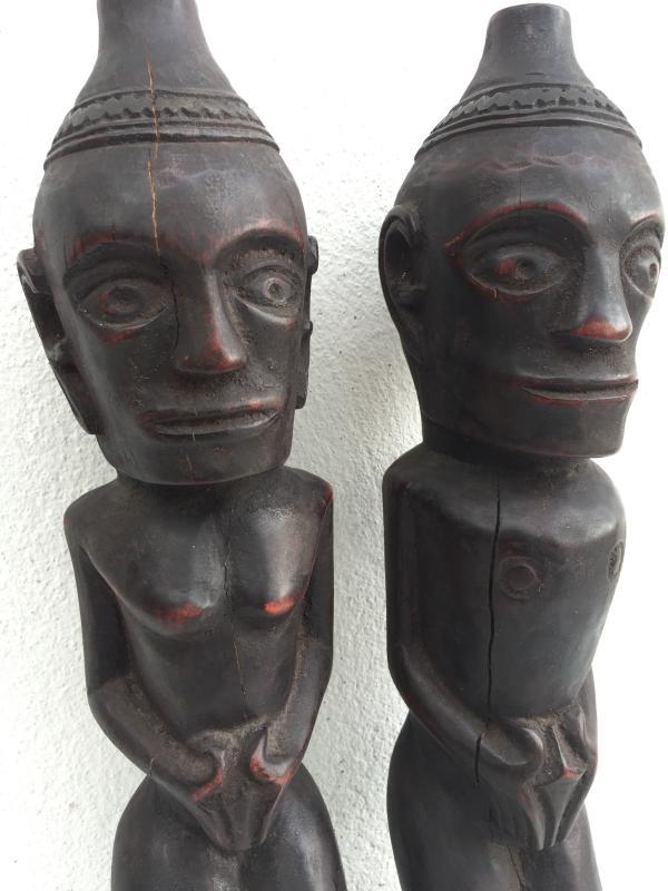 MALE & FEMALE 390mm BATAK WARRIOR STATUE Ancestral Facial Sculpture Indonesia