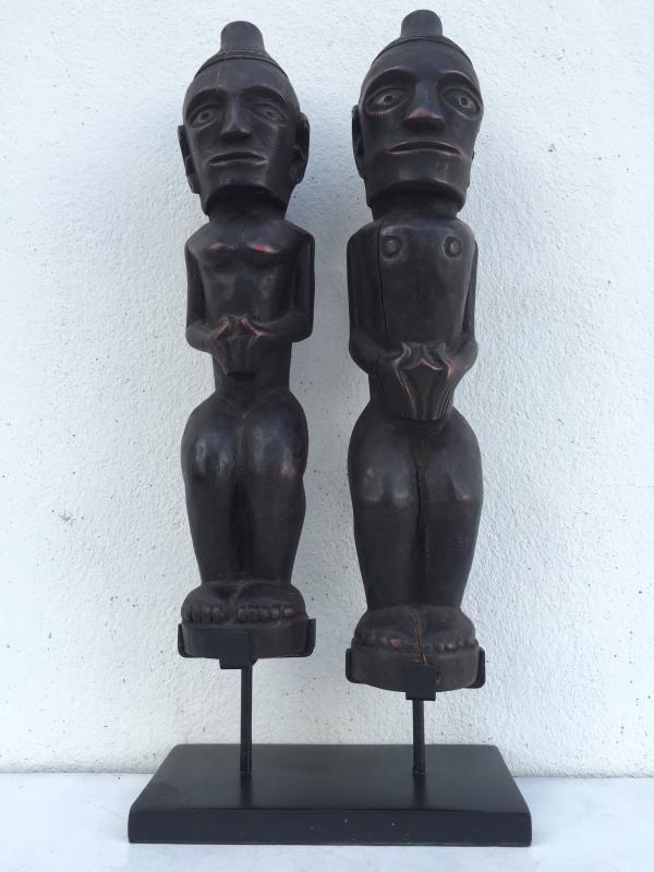 MALE & FEMALE 390mm BATAK WARRIOR STATUE Ancestral Facial Sculpture Indonesia