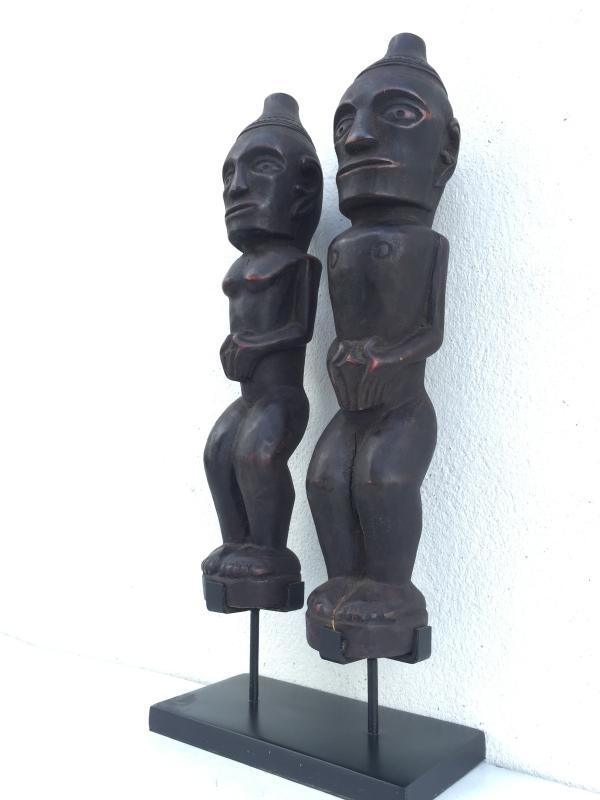 MALE & FEMALE 390mm BATAK WARRIOR STATUE Ancestral Facial Sculpture Indonesia