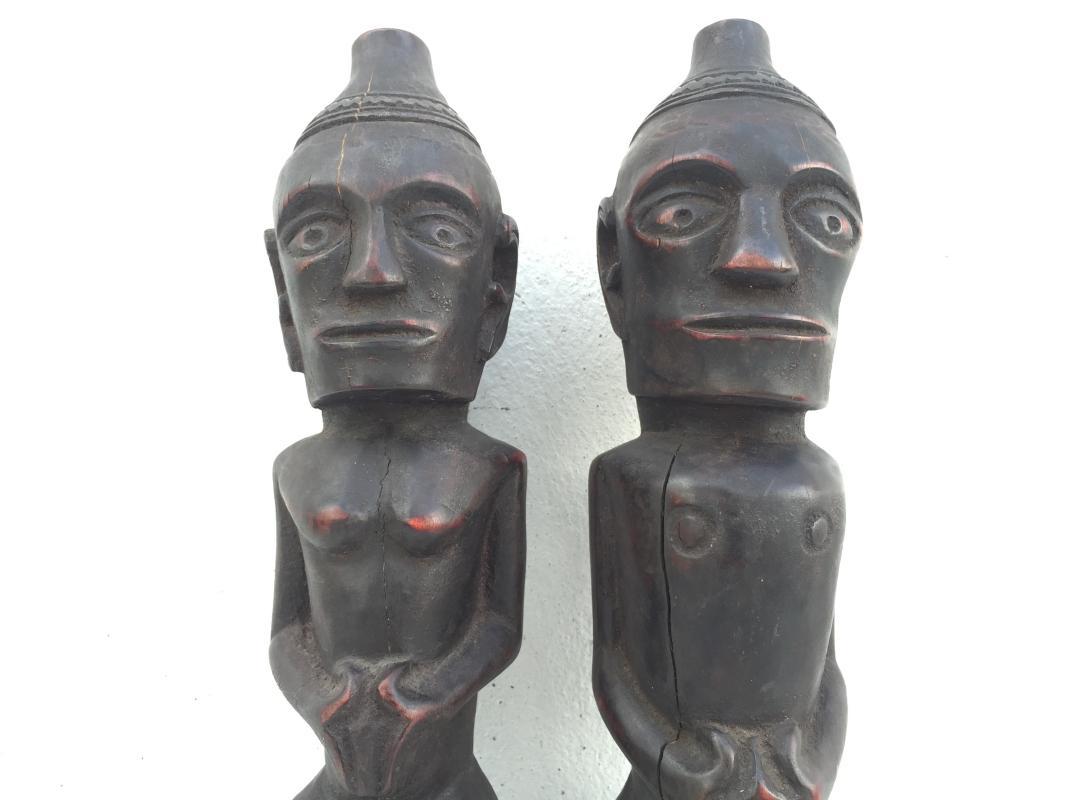 MALE & FEMALE 390mm BATAK WARRIOR STATUE Ancestral Facial Sculpture Indonesia