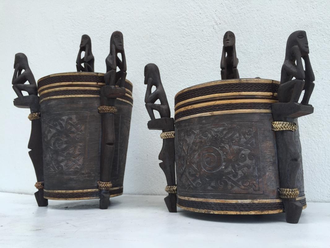2.) TWO GORGEOUS CONTAINER LUPONG DAYAK Medicine Box Statue Borneo Artifact