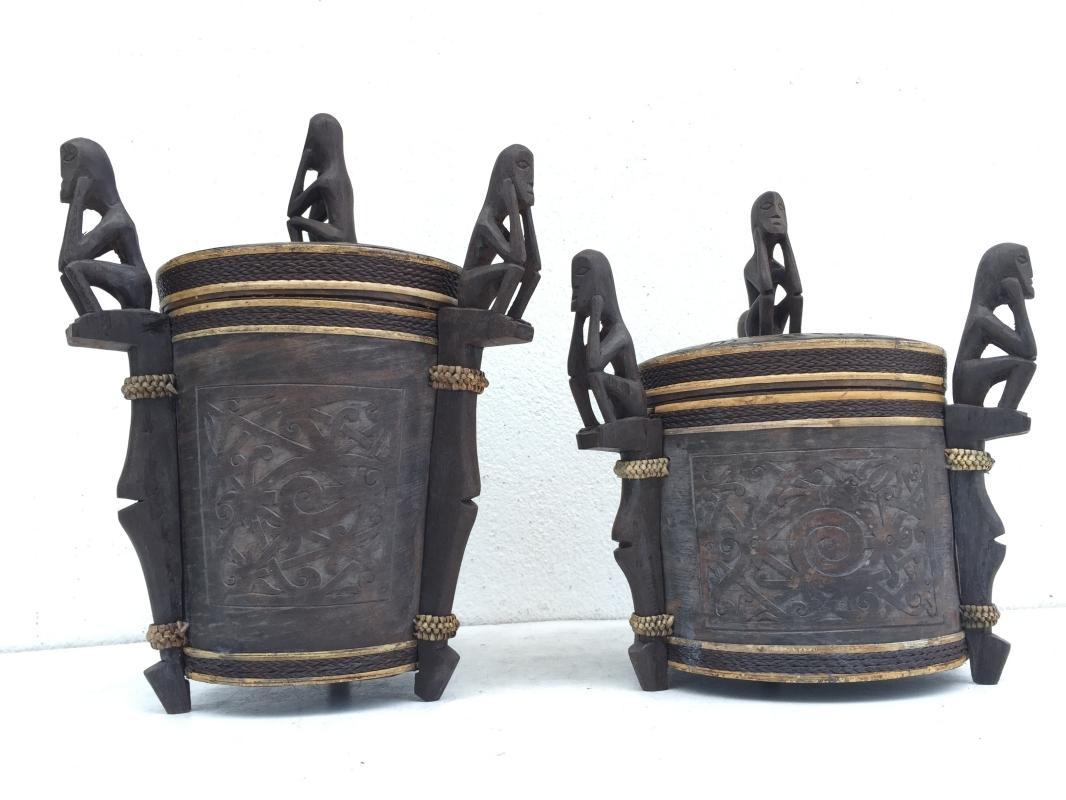 2.) TWO GORGEOUS CONTAINER LUPONG DAYAK Medicine Box Statue Borneo Artifact