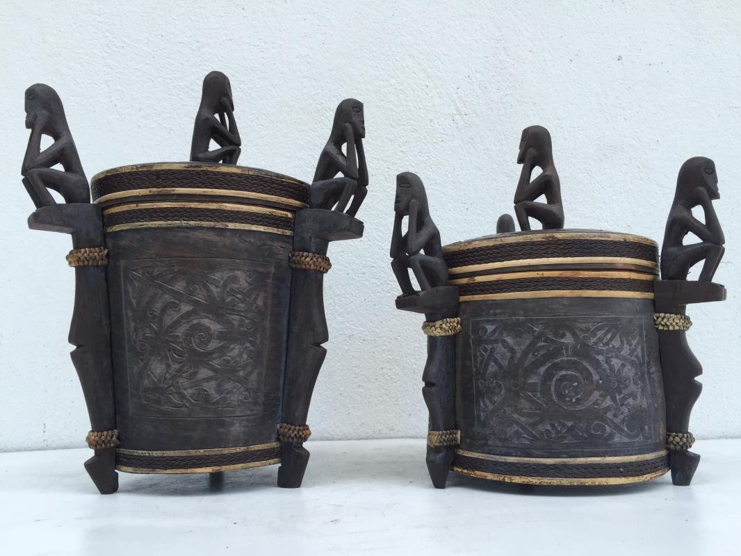 2.) TWO GORGEOUS CONTAINER LUPONG DAYAK Medicine Box Statue Borneo Artifact