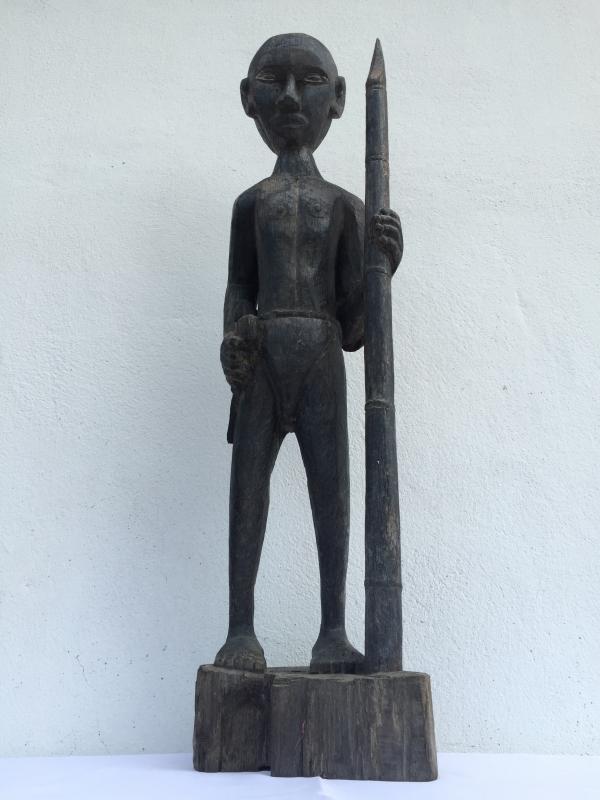 MASSIVE 840mm DAYAK WARRIOR & SPEAR Antique Sculpture Artifact Borneo Headhunter