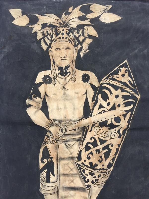 #1 OIL PAINTING: DAYAK HUNTER FIGURE Sculpture Drawing On Canvas Borneo Native