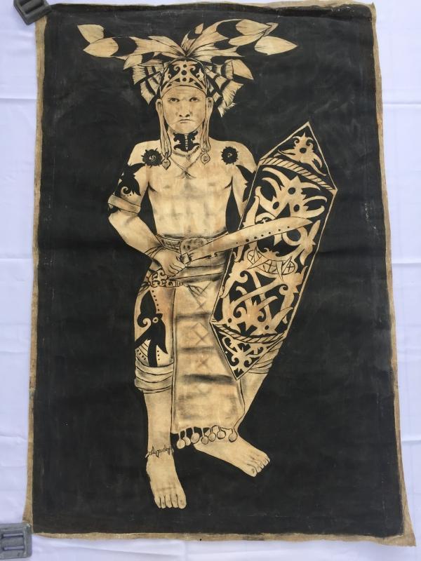 #1 OIL PAINTING: DAYAK HUNTER FIGURE Sculpture Drawing On Canvas Borneo Native