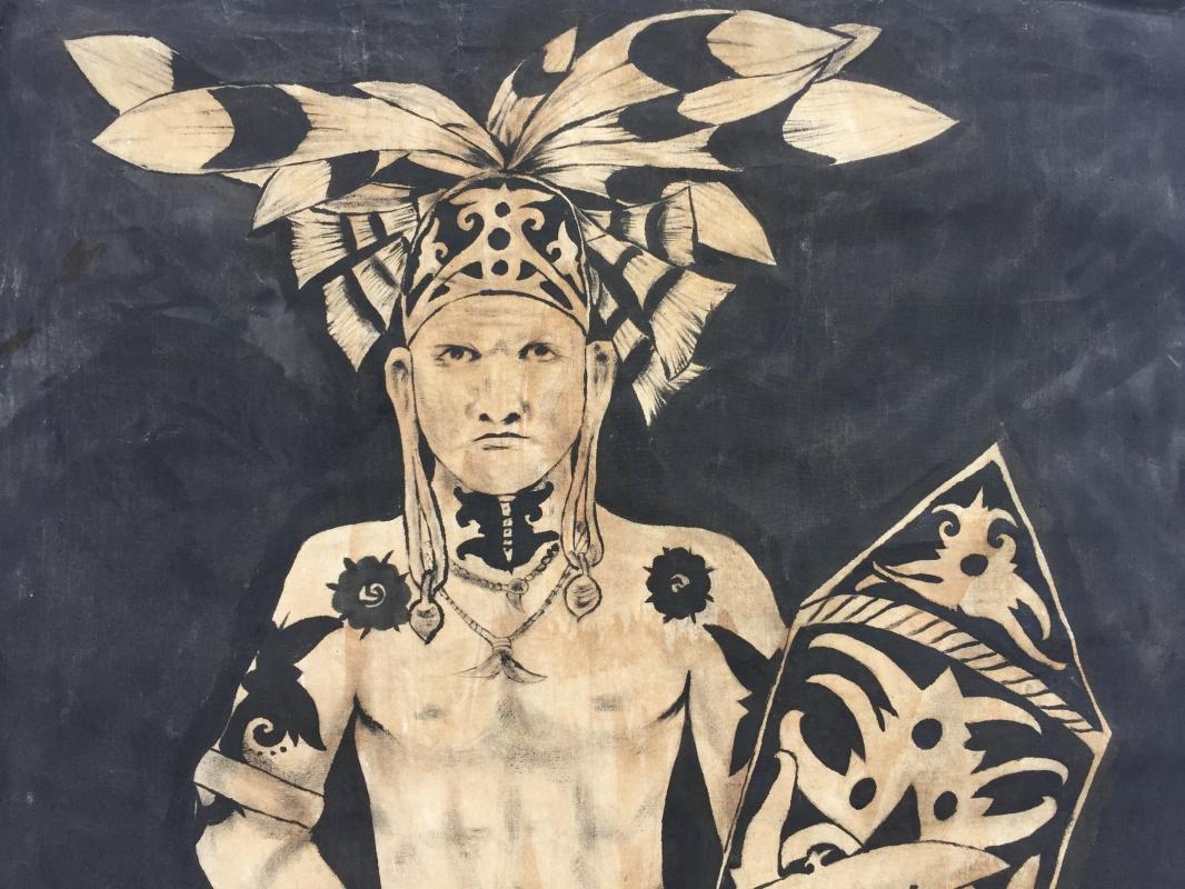 #1 OIL PAINTING: DAYAK HUNTER FIGURE Sculpture Drawing On Canvas Borneo Native